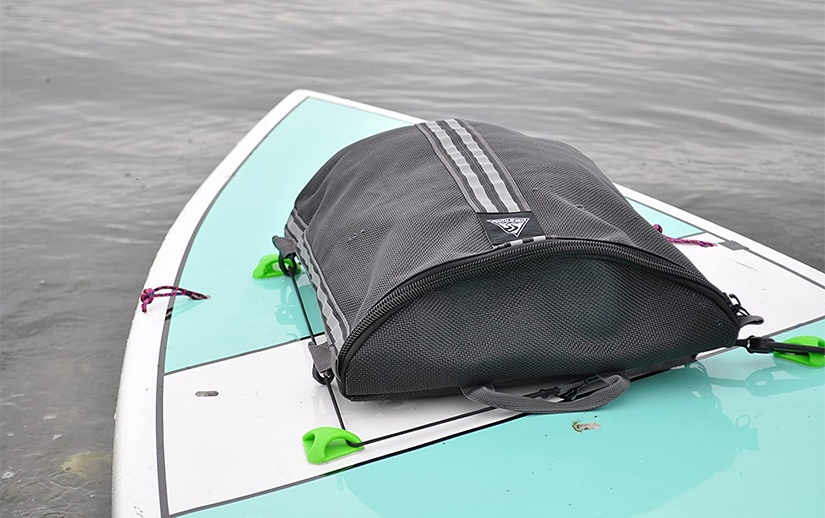 Black Unigear Paddleboard Deck Bag Mesh Storage Bag Sup Accessories with 4pcs D-Ring Patches with Waterproof Phone Case